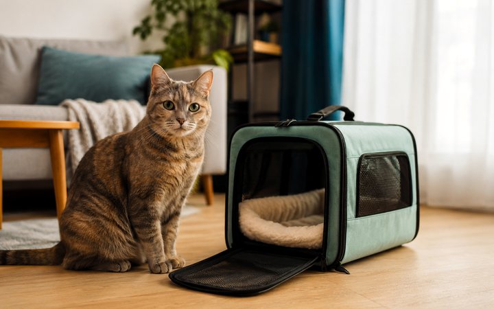A cat beside a travel carrier