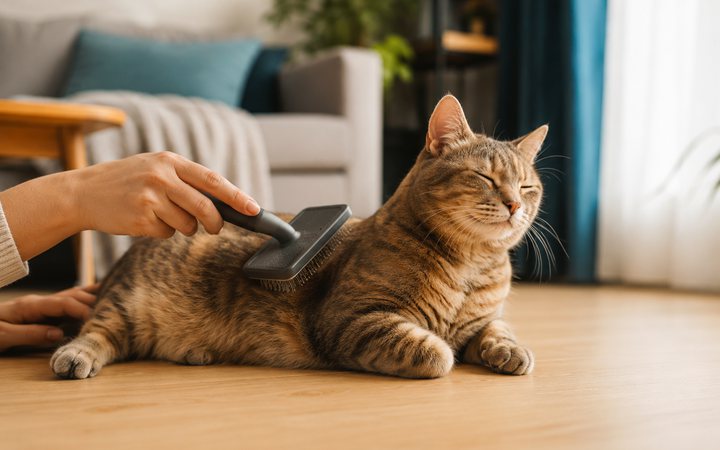 A relaxed cat being brushed at home