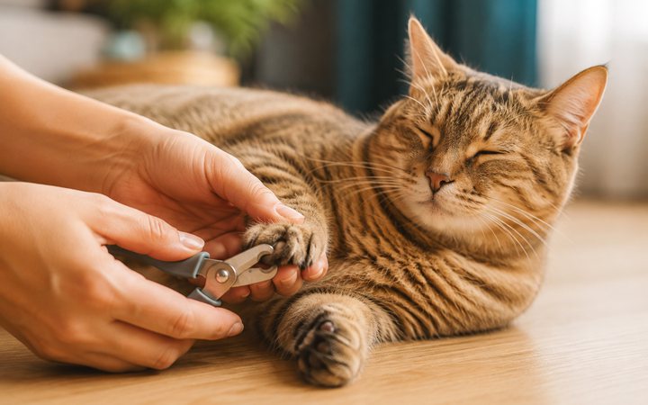 Trimming a cat's claws with nail clippers